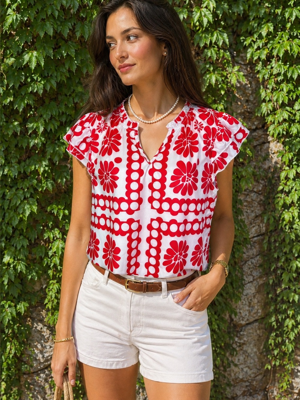 RED & WHITE Print Ruffle Sleeve Blouse, M